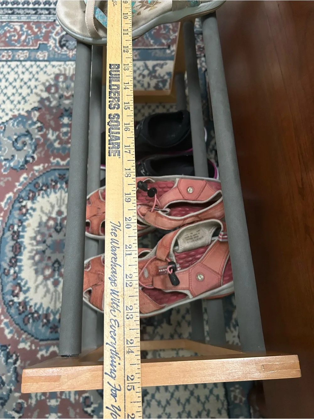 V. sturdy shoerack, wood&foam covered rails. Perfect inside front door,in closet
